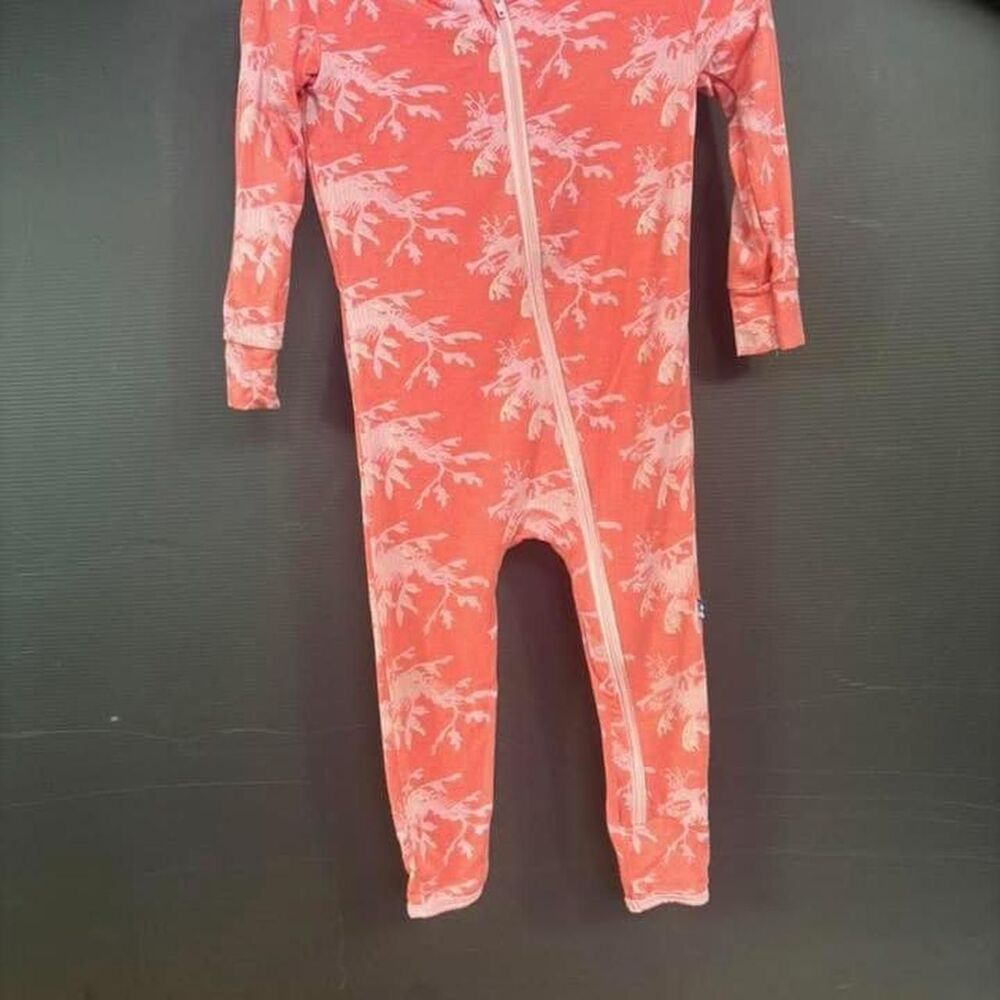 12-18m kickee pants romper. Coral leafy dragon print